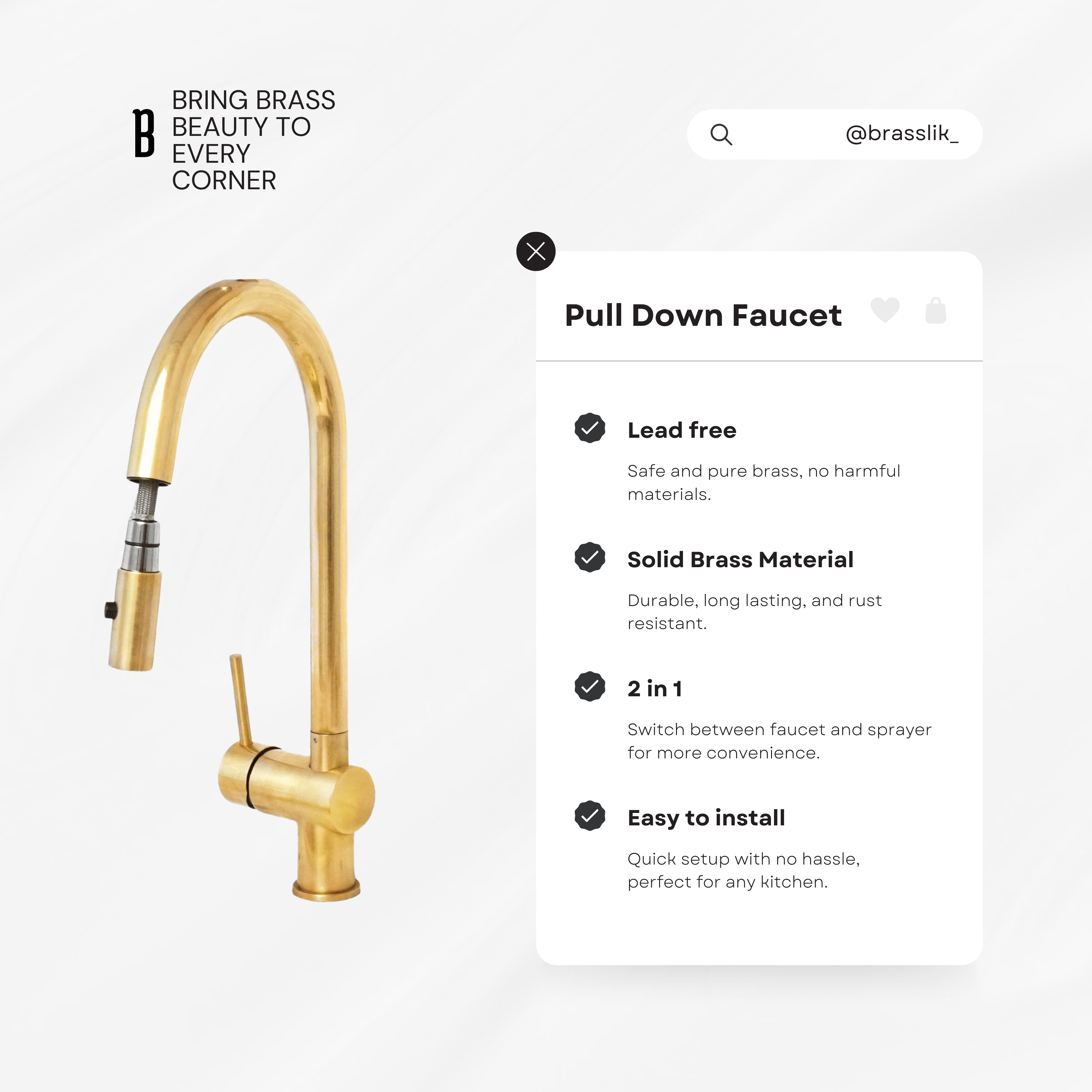 Unlacquered Solid Brass Pull Down Kitchen Faucet