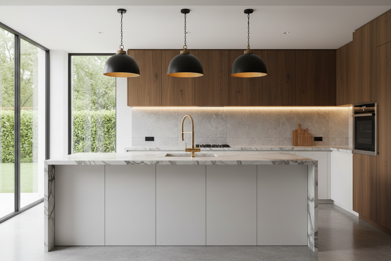 a beautiful well designed kitchen showing marble island, brass bridge faucet, and black brass dome lamps