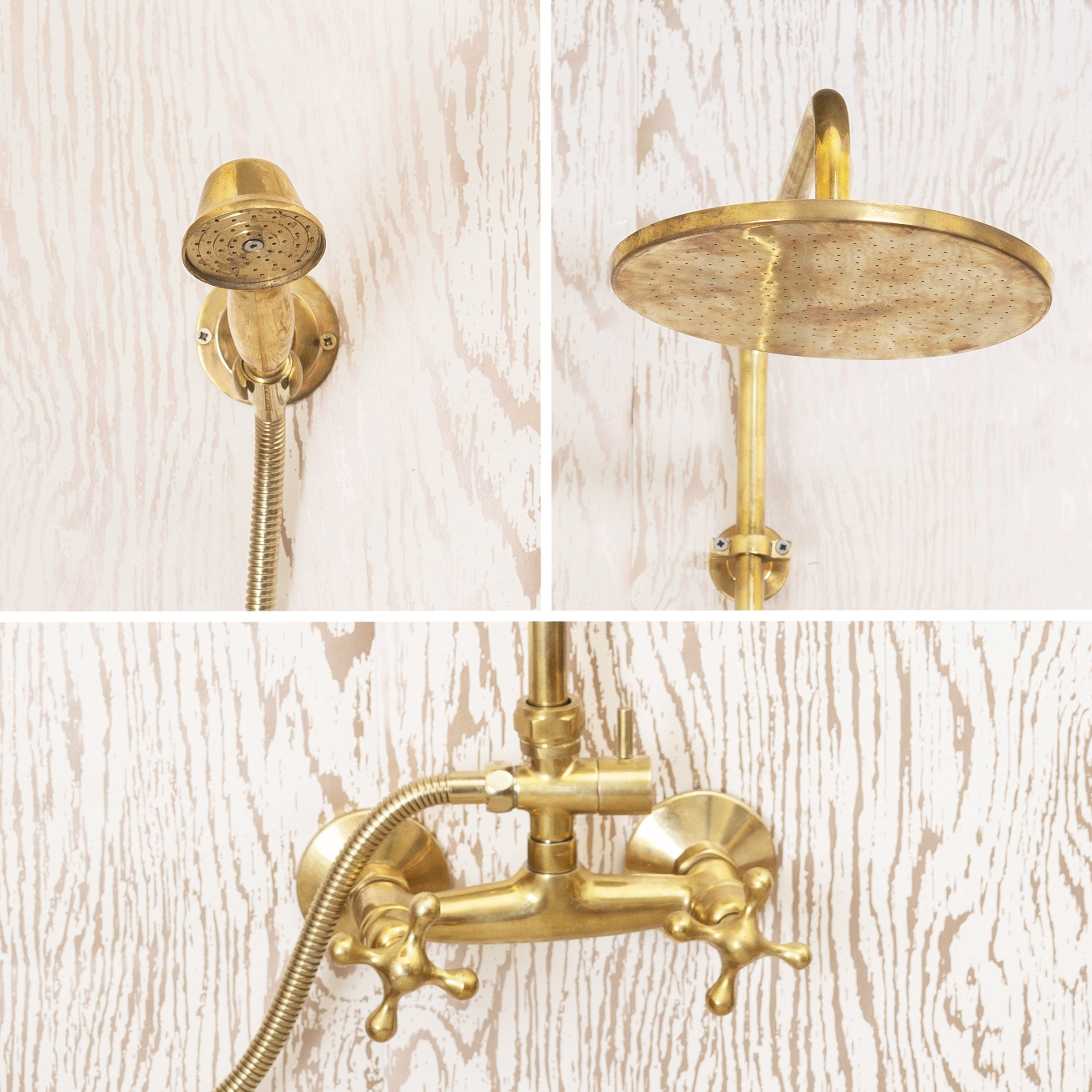 Unlacquered Brass Shower System, Brass Rain Shower Head, Bathroom Shower Set