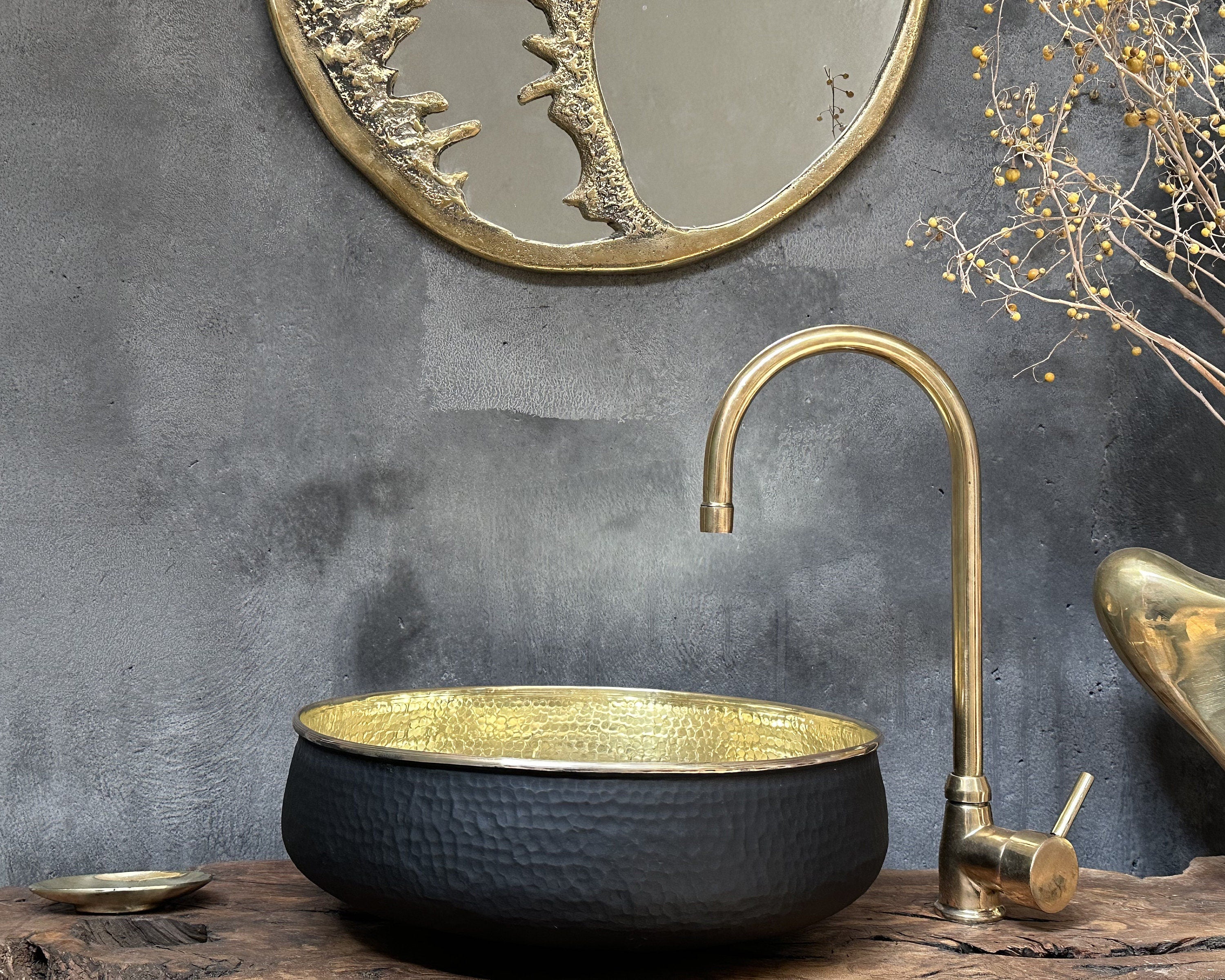 Black Round Brass Bathroom Sink - Modern Vessel Vanity