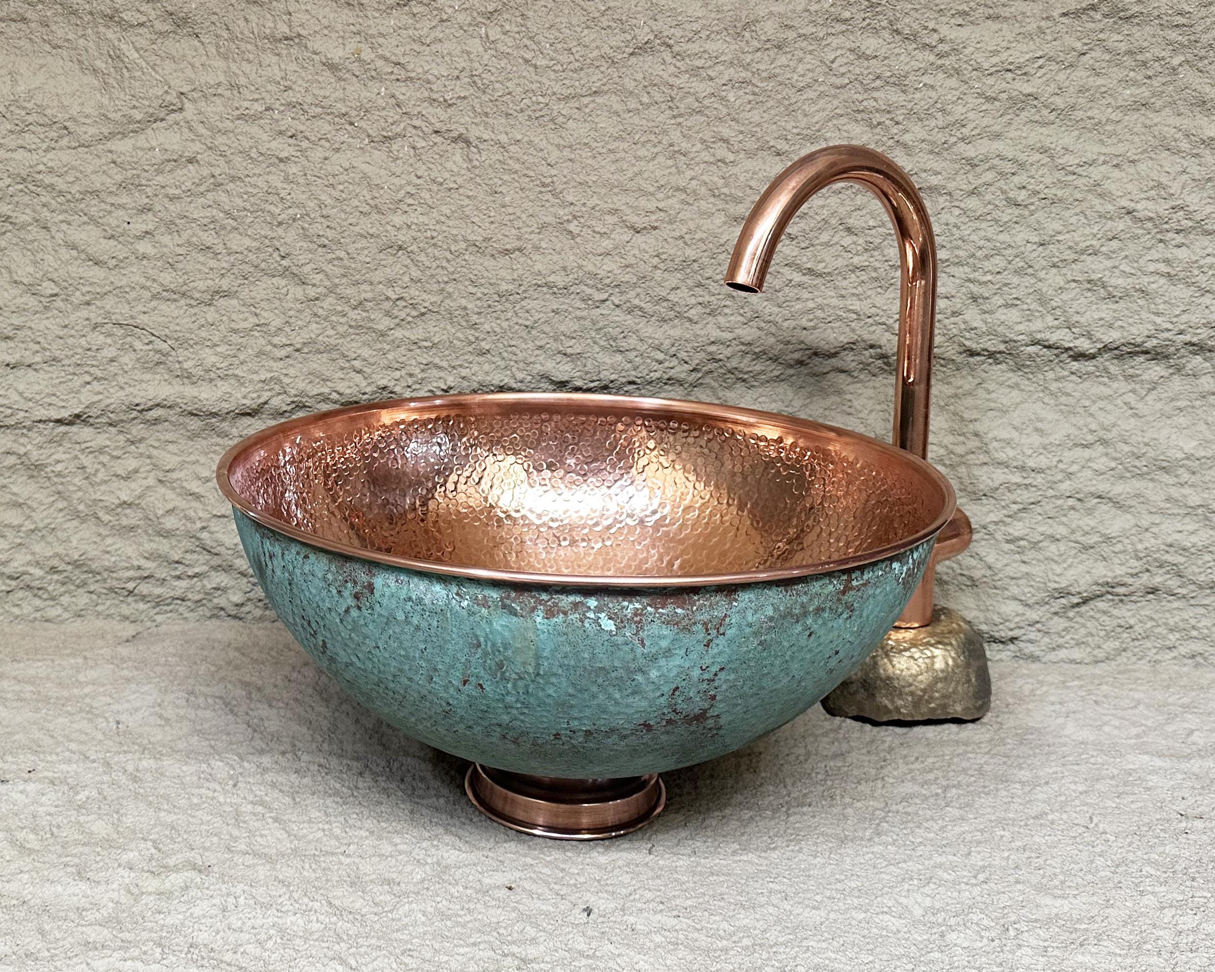 Green Patina Copper Vessel Sink, Hammered Copper Bathroom Vanity