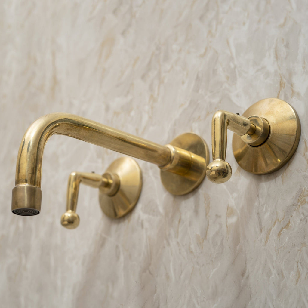 Unlacquered Brass Wall Mounted Faucet, 3 Hole Bathroom Sink Faucet