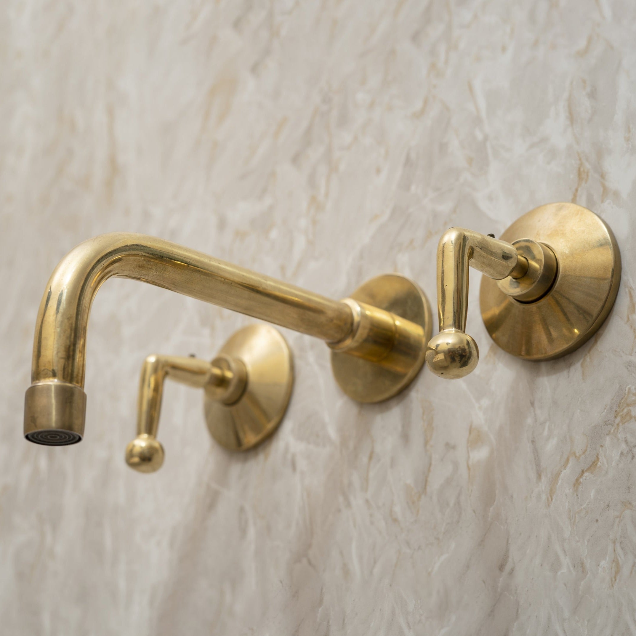 Unlacquered Brass Wall Mounted Faucet, 3 Hole Bathroom Sink Faucet