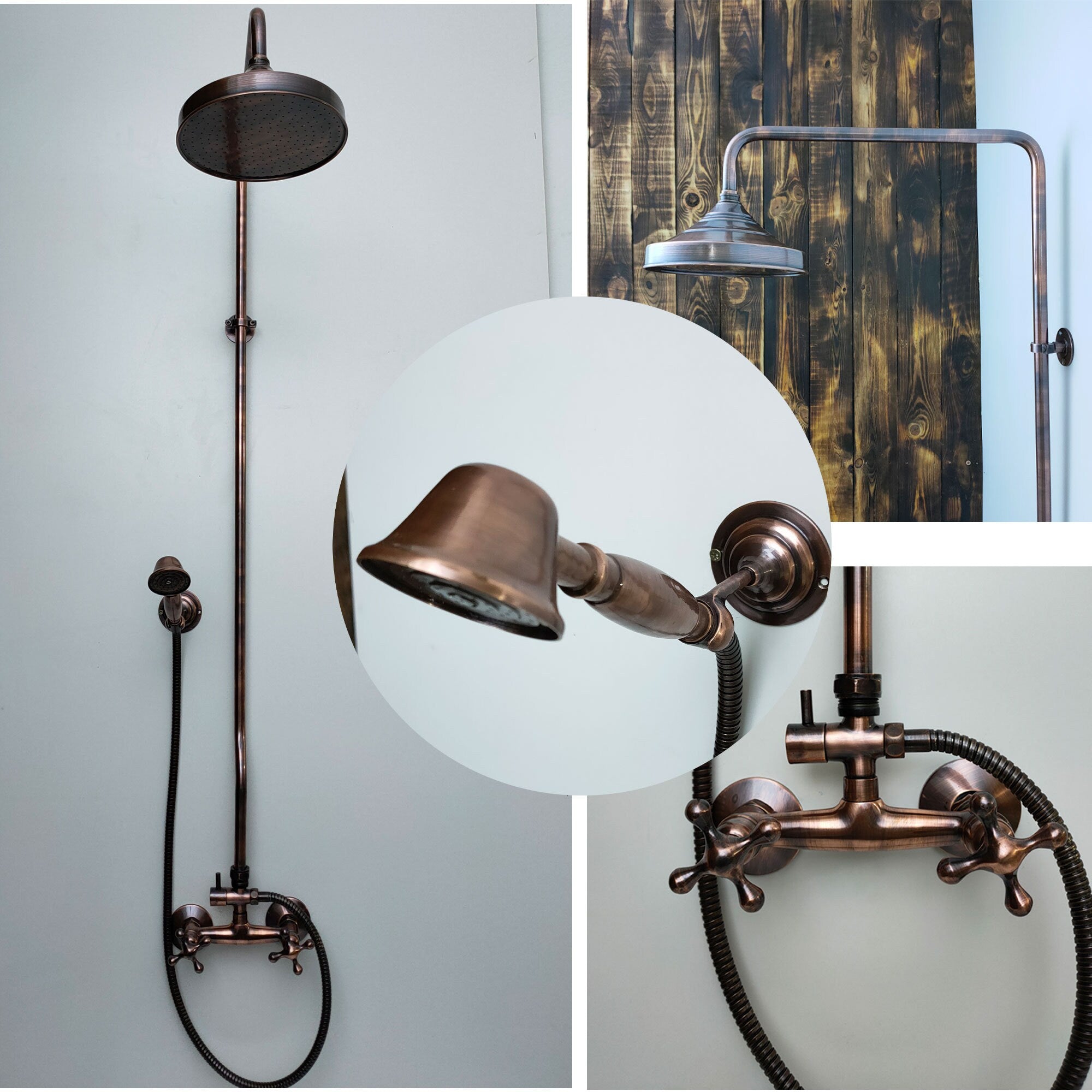 Copper Shower Mixer, 8" Round Copper Shower head and Hand Shower