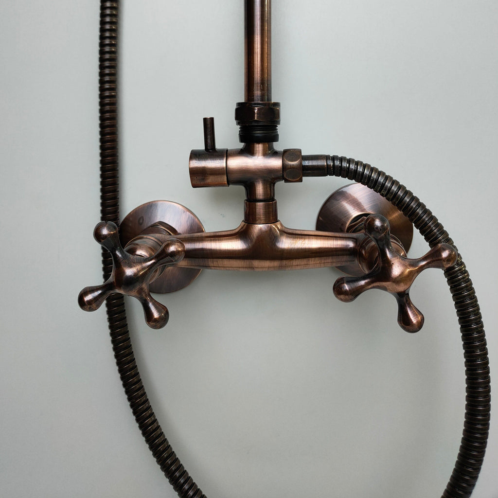 Copper Shower Mixer, 8" Round Copper Shower head and Hand Shower